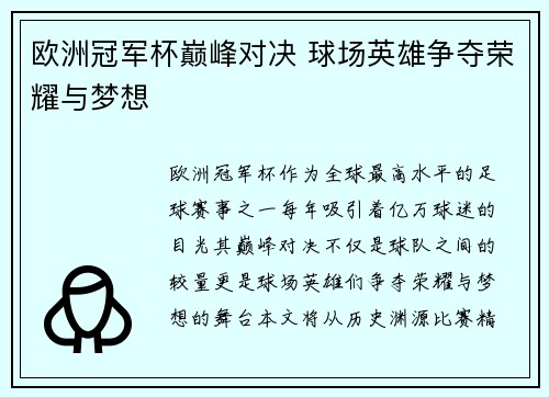 欧洲冠军杯巅峰对决 球场英雄争夺荣耀与梦想