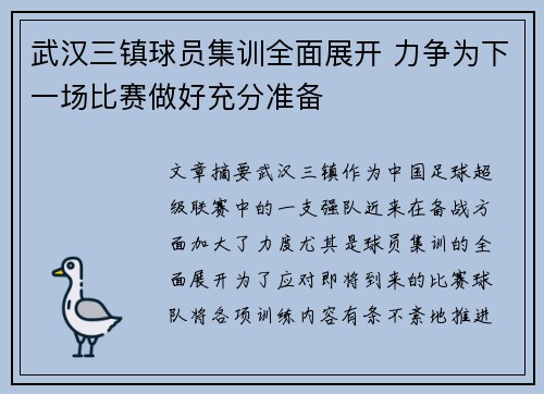 武汉三镇球员集训全面展开 力争为下一场比赛做好充分准备