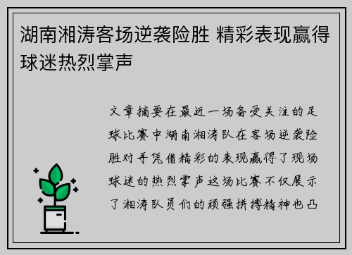湖南湘涛客场逆袭险胜 精彩表现赢得球迷热烈掌声