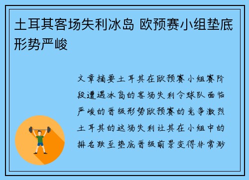 土耳其客场失利冰岛 欧预赛小组垫底形势严峻