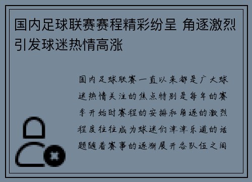 国内足球联赛赛程精彩纷呈 角逐激烈引发球迷热情高涨