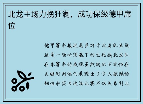 北龙主场力挽狂澜，成功保级德甲席位