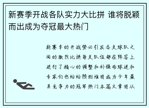 新赛季开战各队实力大比拼 谁将脱颖而出成为夺冠最大热门