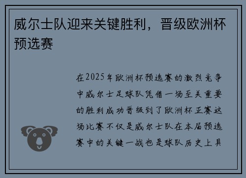 威尔士队迎来关键胜利，晋级欧洲杯预选赛