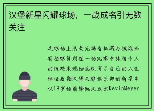 汉堡新星闪耀球场，一战成名引无数关注