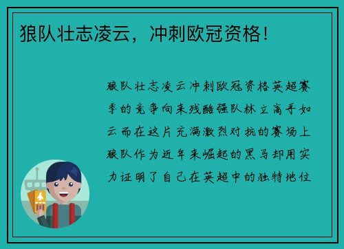 狼队壮志凌云，冲刺欧冠资格！
