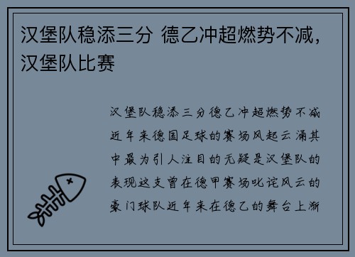汉堡队稳添三分 德乙冲超燃势不减，汉堡队比赛