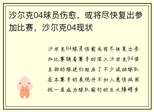 沙尔克04球员伤愈，或将尽快复出参加比赛，沙尔克04现状