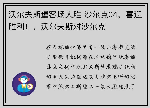 沃尔夫斯堡客场大胜 沙尔克04，喜迎胜利！，沃尔夫斯对沙尔克
