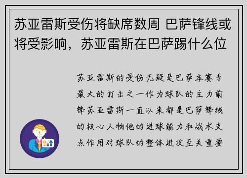 苏亚雷斯受伤将缺席数周 巴萨锋线或将受影响，苏亚雷斯在巴萨踢什么位置