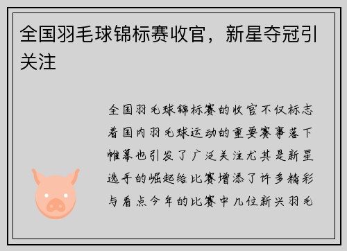 全国羽毛球锦标赛收官，新星夺冠引关注