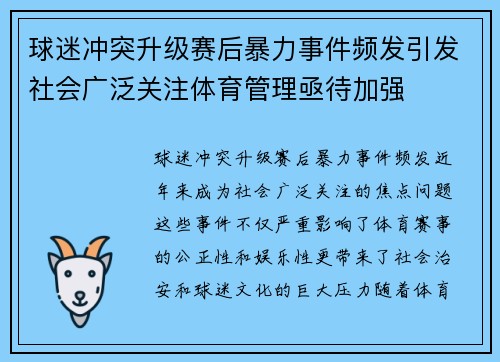 球迷冲突升级赛后暴力事件频发引发社会广泛关注体育管理亟待加强