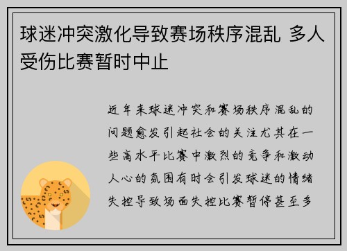 球迷冲突激化导致赛场秩序混乱 多人受伤比赛暂时中止