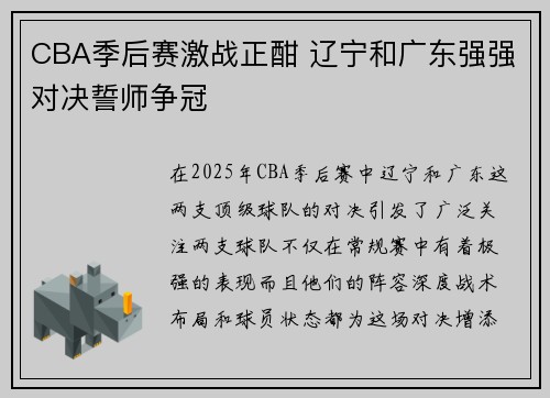 CBA季后赛激战正酣 辽宁和广东强强对决誓师争冠